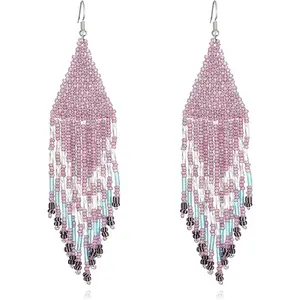 Women's Multi-Color Ethnic Rice Bead Drop Earrings - Boho Handmade Seed Bead Large Statement Fringe Dangle Earrings for Females