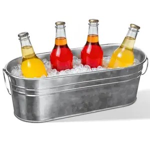 Plexon Small Galvanized Tub with Handles, 12 inch Oval Planter for Plants Decor Wedding, Multiuse Metal Tub Champagne Bucket
