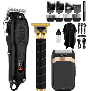 LQT 3-in-1 Vintage Barber Grooming Kit with Hair Clipper T-Blade Trimmer & Electric Shaver Adjustable Taper Control 8 Guide Combs USB Charging Daily Grooming Essentials