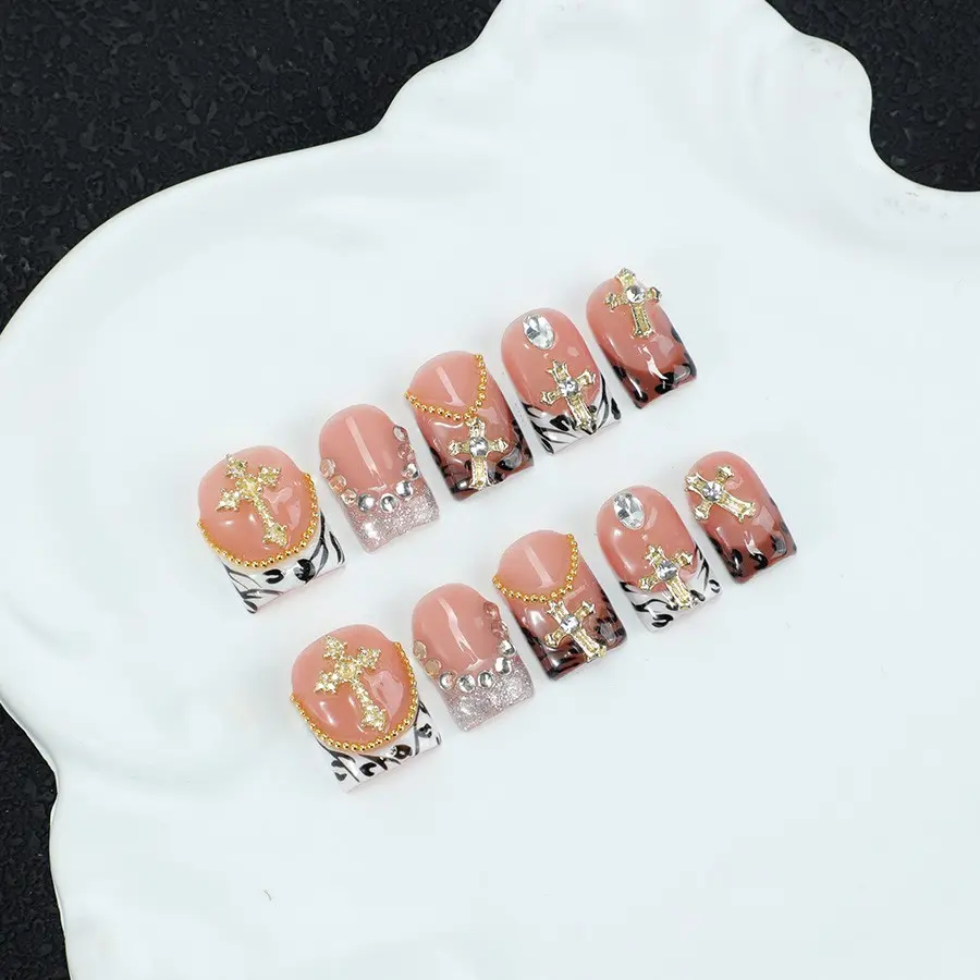 10pcs Handmade Press On Nails - Short Square Nude Pink Acrylic False Nails Fake Nails, False Nail Set, with Cross Rhinestone & Black French Tip, Reusable Y2K Bad Girl Style Nail Kit with Tool Kit, Suitable for daily party attire and gifts for women