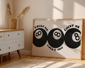 Lucky Me Lucky You Print  8 Ball Art, Vintage Game Decor, Playful Billiards Print Poster