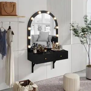 High end and high-quality Floating Makeup Vanity Desk with Mirror & 3-Color Lights, Wall Dressing Table with Power Outlet, Compact vanity, Large Storage, Black vanity  without  let vanity  set