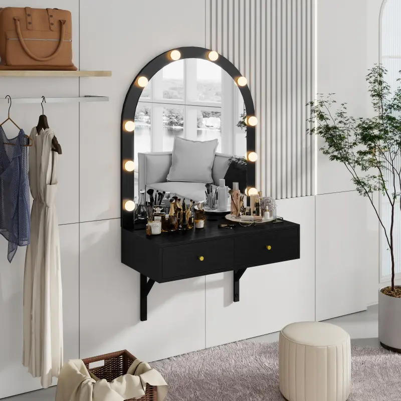 High end and high-quality Floating Makeup Vanity Desk with Mirror & 3-Color Lights, Wall Dressing Table with Power Outlet, Compact vanity, Large Storage, Black