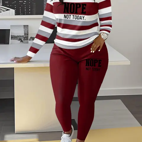Two-piece Set Women's Striped and Letter Print Tee & Elastic Waist Pants, Casual Long Sleeve Top & Trousers for Spring & Fall, Women's Clothes for Daily Wear, Casual Outfits Women, Casual Lounge Set, Two Pieces Outfits, Womenswear