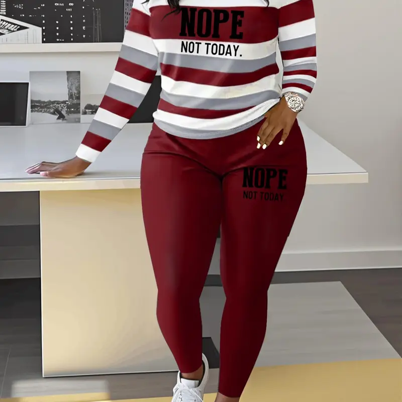 Two-piece Set Women's Striped and Letter Print Tee & Elastic Waist Pants, Casual Long Sleeve Top & Trousers for Spring & Fall, Women's Clothes for Daily Wear, Casual Outfits Women, Casual Lounge Set, Two Pieces Outfits, Womenswear