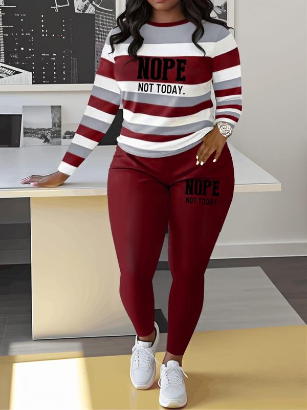 Two-piece Set Women's Striped and Letter Print Tee & Elastic Waist Pants, Casual Long Sleeve Top & Trousers for Spring & Fall, Women's Clothes for Daily Wear, Casual Outfits Women