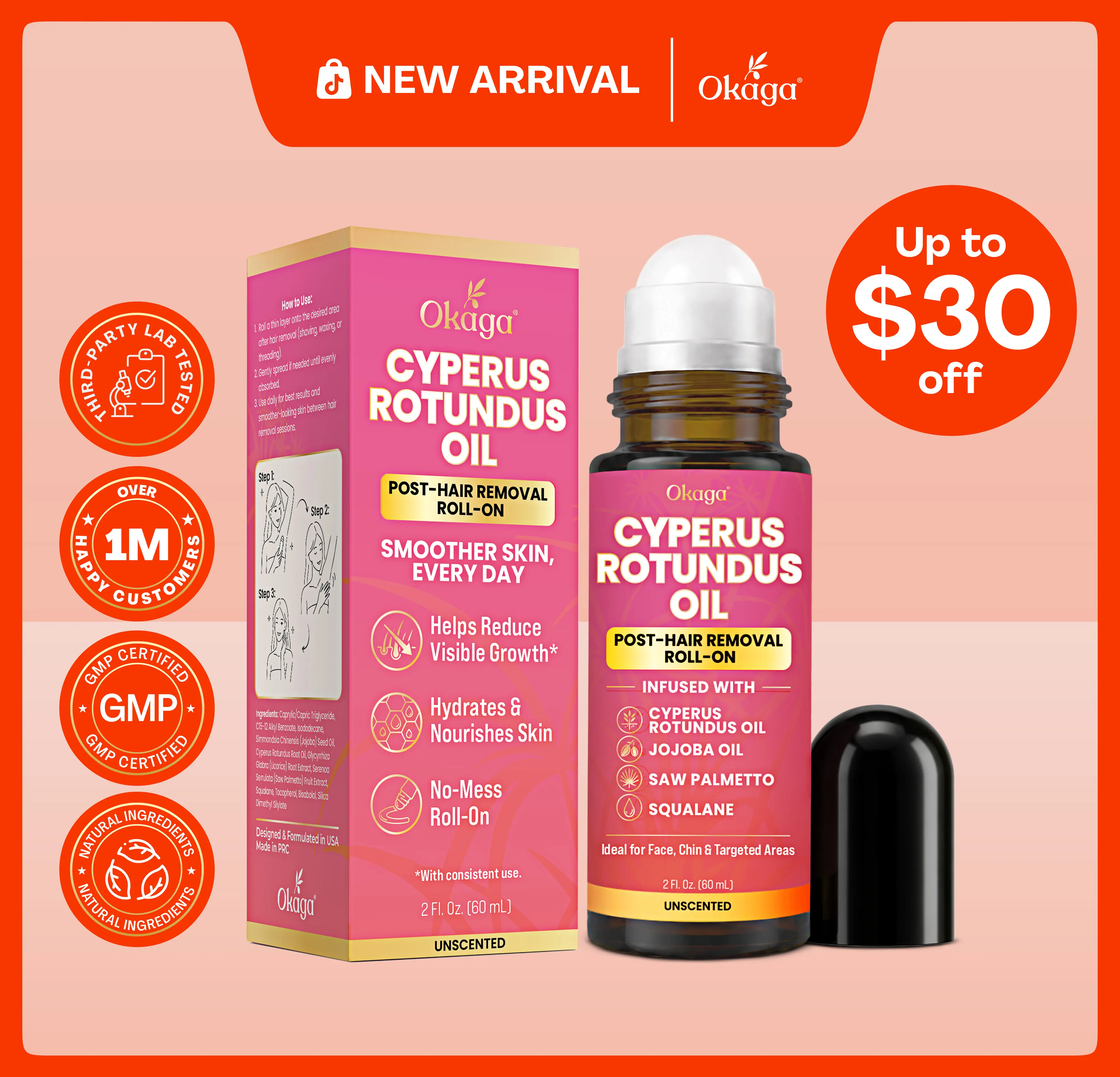Okaga Cyperus Rotundus Oil | Natural Post-Hair Removal Roll-On | For Face, Chin, & Targeted Areas | Unscented | 60mL