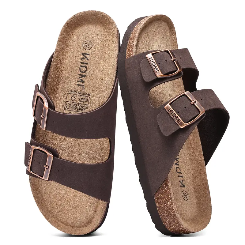 KIDMI Women's Sandals Men's Cork Footbed Casual Summer Sandals with Mild Arch Support Double Adjustable Buckle Slides for Men with Memory Foam, Lightweight Unisex No Break In Sandals