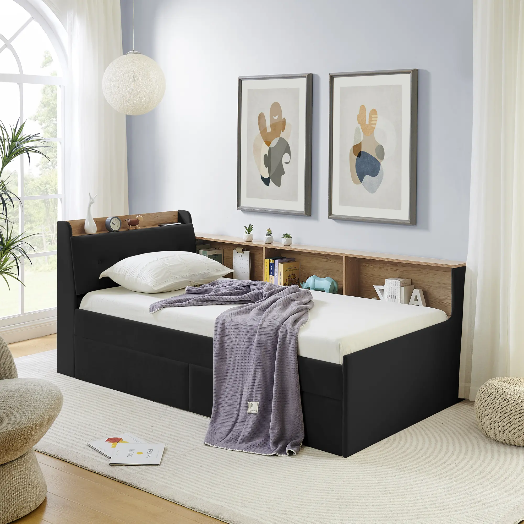 Twin Size Upholstery Velvet Day Bed with Storage Headboard and Wireless Charging, Multi-functional Daybed with Two Storage Drawers & LED Lights, Black, for Bedroom Living Room Guest Room, No Box Spring Needed, Home Furniture and Household