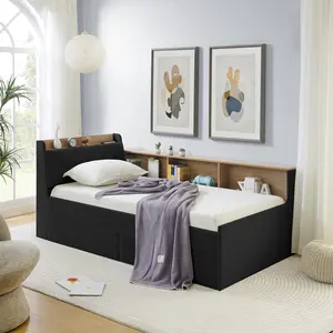 Twin Size Upholstery Velvet Day Bed with Storage Headboard and Wireless Charging, Multi-functional Daybed with Two Storage Drawers & LED Lights, Black, for Bedroom Living Room Guest Room, No Box Spring Needed, Home Furniture and Household