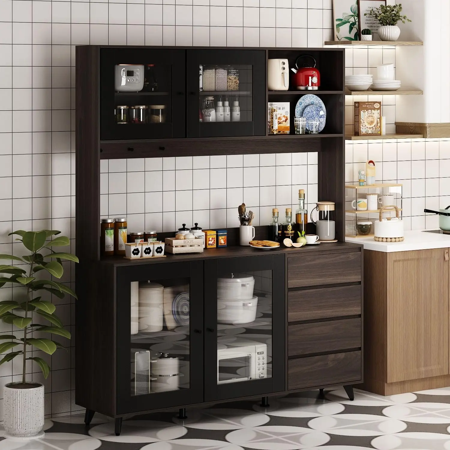 FUFU&GAGA Deep Walnut Farmhouse Apartment Kitchen Hutch Storage Cabinet - Particle Board Unit with 2 Glass Doors, Drawers, Shelves, Hanging Hooks, Metal Legs, Clean Look for Living Room Organization, Apartment Furniture, Cupboard