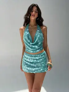 Women's Shiny Sequins Two-Piece Dress Set, Sleeveless Short Tank Top & Fitted Mini Skirt, Perfect for Club Parties and Carnivals, Womenswear