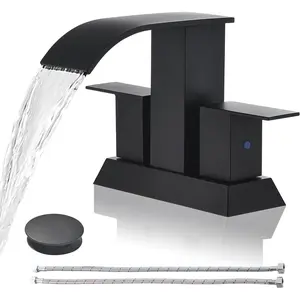 Black Waterfall Bathroom Faucet - 4Inch 2 or 3 Holes Centerset Faucet Bathroom | Two Handles Widespread Lavatory Vanity Sink Faucets with Overflow Pop-up Drain &  Lines Matte Black