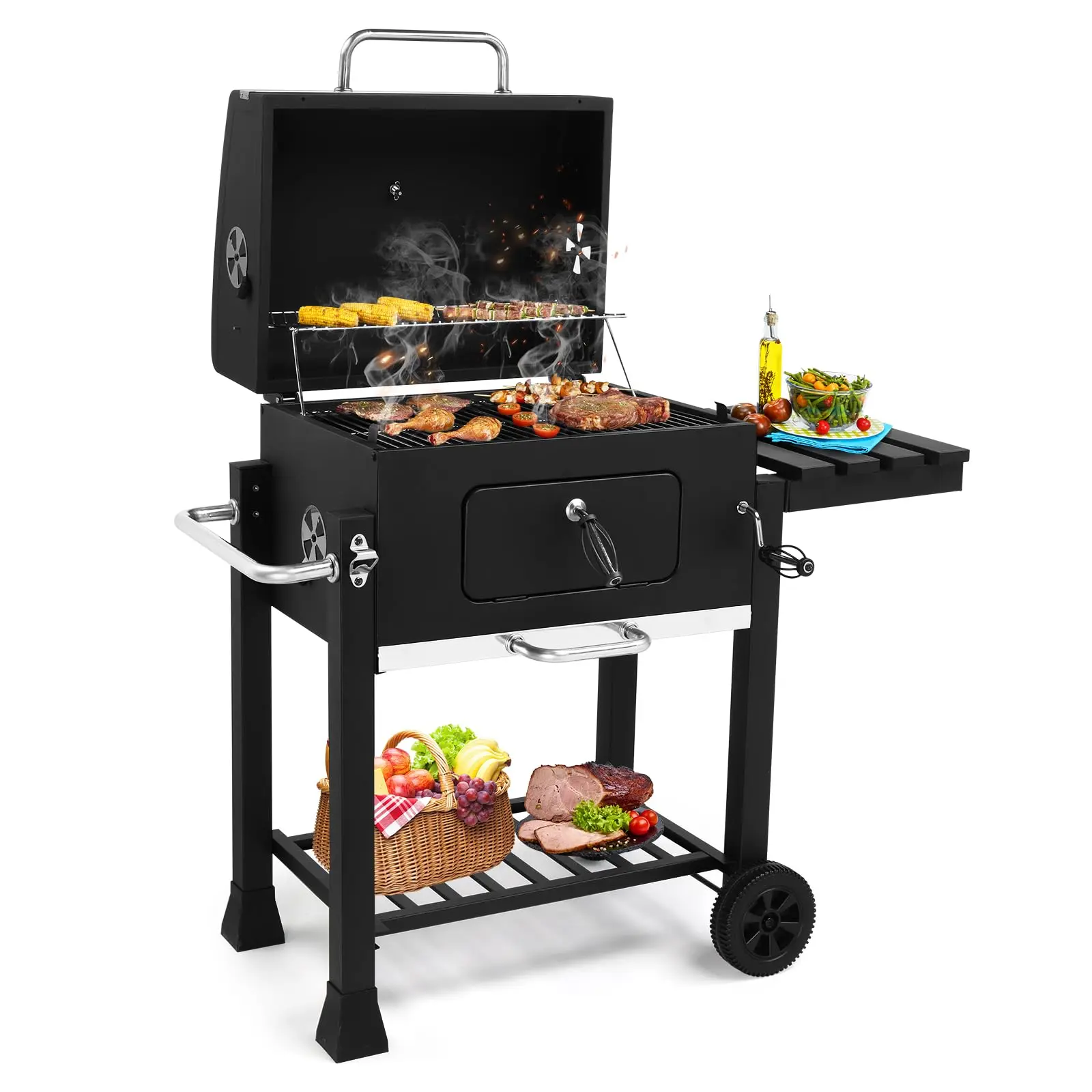 GEEKHOM Large Square Stainless Steel Portable Charcoal BBQ Grill, 794 SQ.IN. Cooking Area, Metal Cover, Height-Adjustable Charcoal Tray, Foldable Side Table, for Outdoor BBQ, Camping