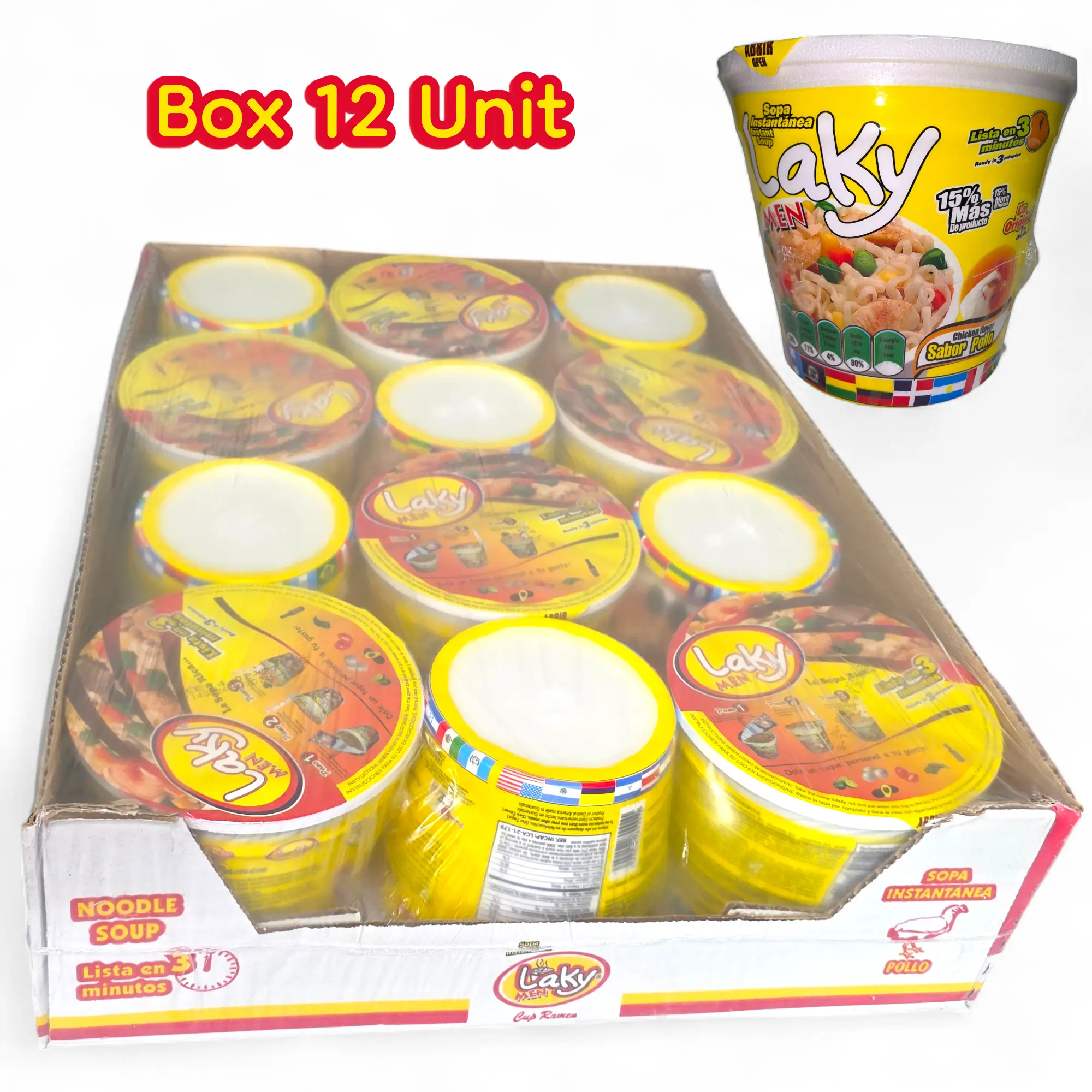 Laky MEN Sabor a Pollo 12 Unit Box Instant Soup Cup from Guatemala - Chicken Flavor Quick Meal Solution