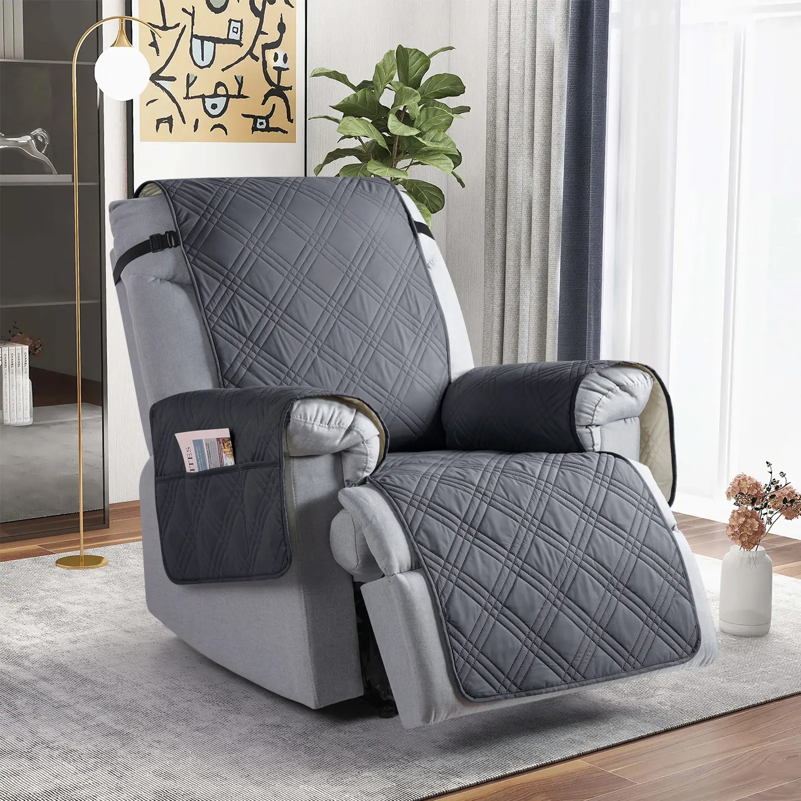 TAOCOCO（1/2/3 Seat) Pet Scratch-Resistant 100% Waterproof Recliner Chair Cover, Non Slip Washable Sofa Slipcover with Storage Pocket, Easy Install Furniture Protector for Living Room Bedroom Office,  Couch Cover With Fixing Leg Straps