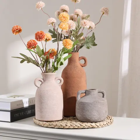 Ivydale 3-Pcs Ceramic Vases Set - Distressed Finish, Waterproof, 50-100cm Mesh Square Pieces for Minimalist Boho Home Decor, Ideal for Pampas Grass, Dried Flowers, Entryway Use