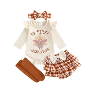 Infant Toddler Baby Girls Thanksgiving Clothes Long Sleeve Letters Turkey Print Romper with Plaid Shorts Headband Socks