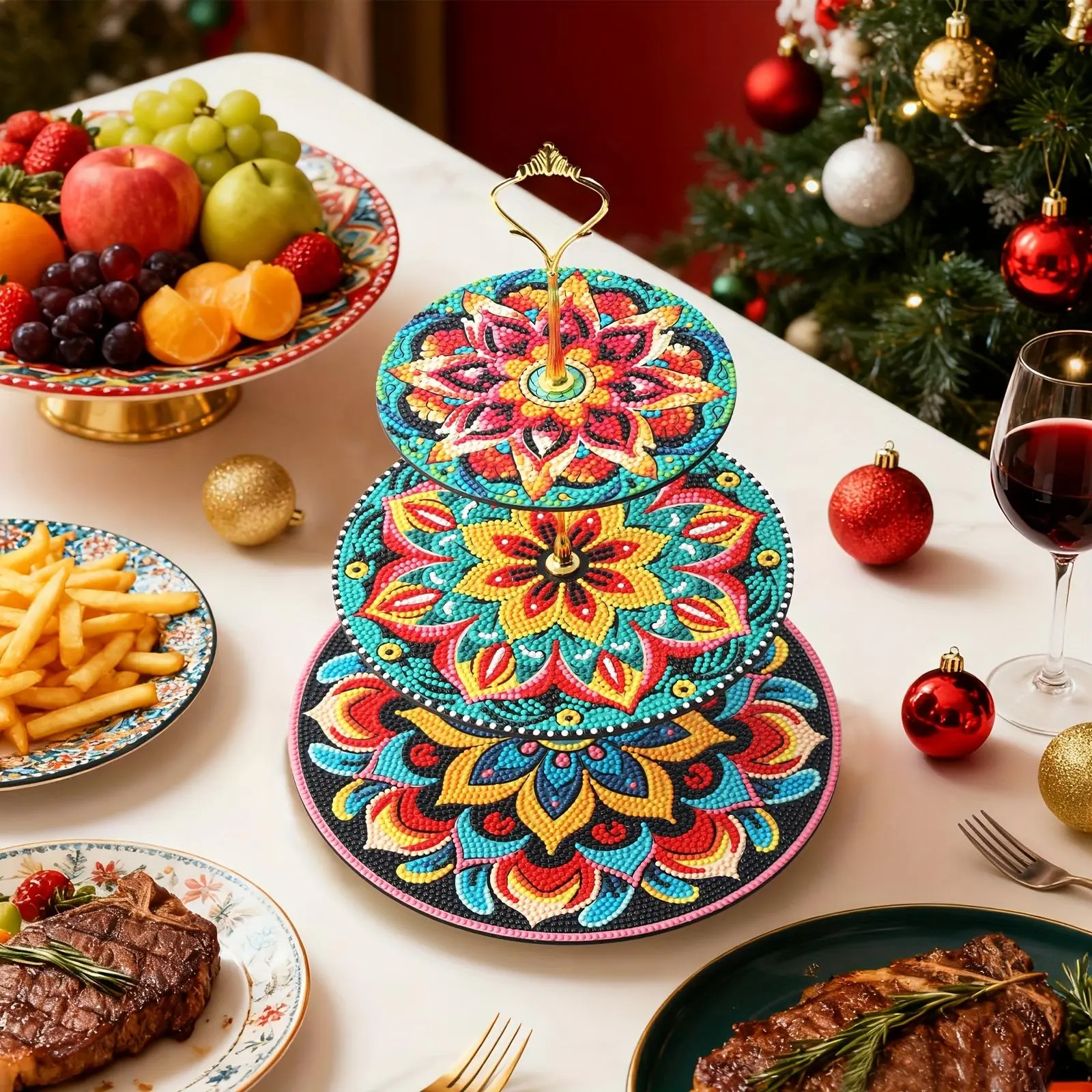Home Decor Tray Diamond Painting Mandala Three-Tier Cake Dessert Display Stand 9.6x13in for Holiday Party Table Decor Suitable for Birthday Wedding Halloween Christmas Non-Food Contact