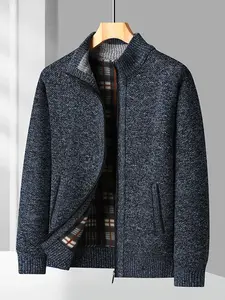 Men's Fall Winter New Plush Thick Stand Collar Knit Cardigan Coat, Retro Plaid Check Inner Lining Warm Zipper Long Sleeve Sweater, Business Casual Loose Fit Menswear