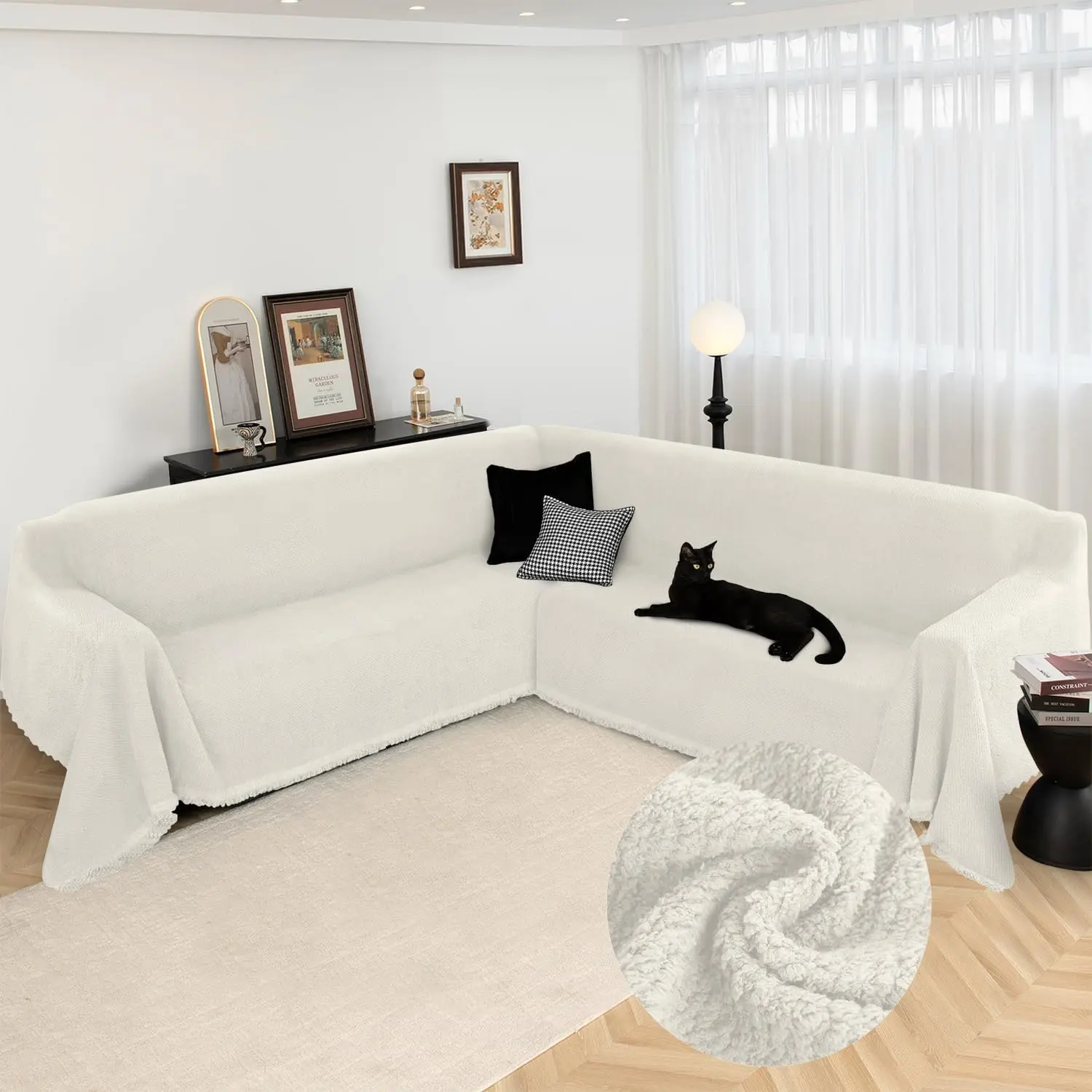 Arfntevss Corner Sectional Couch Covers L Shape Plush Sofa Cover with Tassel Thick Soft Couch Cover for Sectional Sofa U Shaped Slipcovers Washable Dog Furniture Protector (91" x 276", Light Ivory)