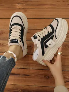 Women's slip-on wedge shoes with thick soles, featuring a breathable mesh and leather upper, non-slip rubber outsole, lightweight and comfortable, with a stylish color-block design, suitable for daily wear, travel, and school as casual walking shoes.