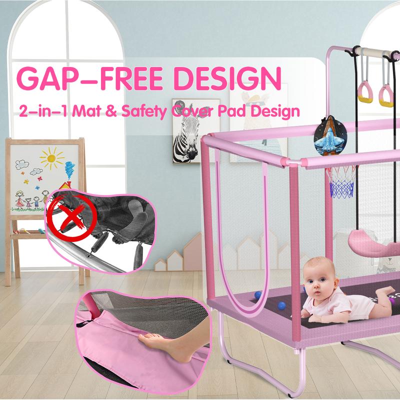 Skybound Rectangle Trampoline for Kids with Basketball Hoop, 36*55'' Indoor Outdoor Toddler Trampoline with Enclosure Net, Swing,  Ring, Ocean Balls, Small Trampoline Gift for Boys Girls, Best Gift for Kids