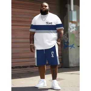 Large Size Men'S Street Style Three-Color Horizontal Striped Spliced Short-Sleeve T-Shirt And Matching Casual Shorts Two-Piece Set, Plus Size Loose Fit, Unique High-End Contrasting Color Design, Suitable for Daily Casual