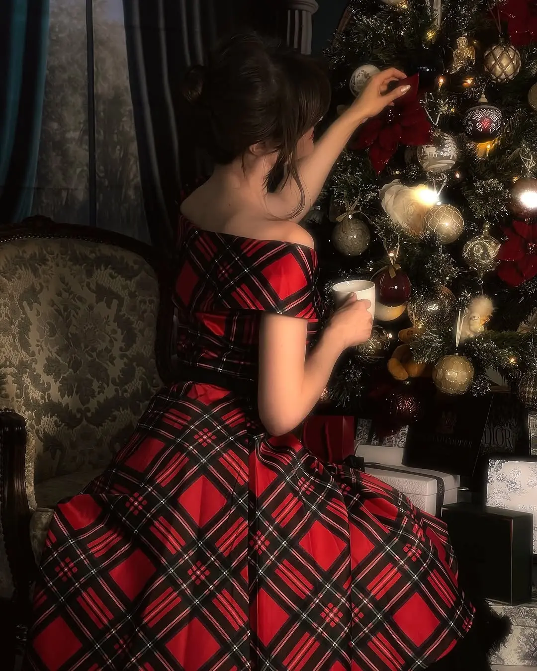 RETRO STAGE Women's Retro 1950s Plaid Off-Shoulder Dress, Knee-Length Casual Christmas Party Style with Back Zipper