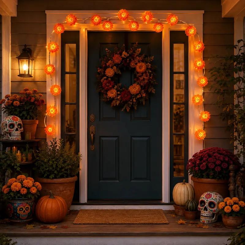 Cempasuchil Marigold Floral LED String Lights, 20 Orange Flower Photo Lights with Flashing Modes, Battery-Powered Day of Dead Altar Decor for Halloween Fall Home Use, Led Lights