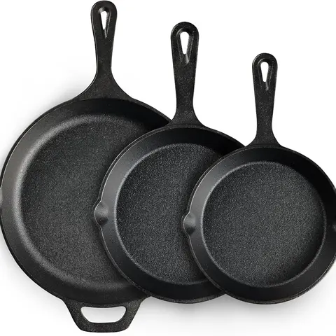 Cast Iron Skillet 3-Piece Set, Heavy-Duty Professional Restaurant Chef Quality Pre-Seasoned Pan Cookware Set, 6", 8", 10" Pans For Frying, Saute, Cooking, Use Indoor/Outdoor, Oven, Grill