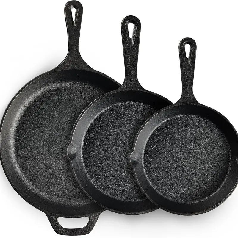 Cast Iron Skillet 3-Piece Set, Heavy-Duty Professional Restaurant Chef Quality Pre-Seasoned Pan Cookware Set, 6", 8", 10" Pans For Frying, Saute, Cooking, Use Indoor/Outdoor, Oven, Grill