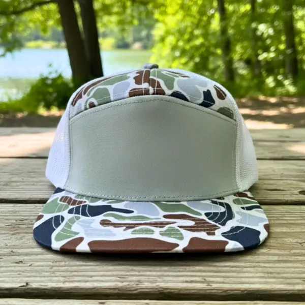 Blank Pastel Camo 7 Panel trucker hat, custom embroidery camouflage flat brim cap, mesh back snapback hat, outdoor streetwear gift for him