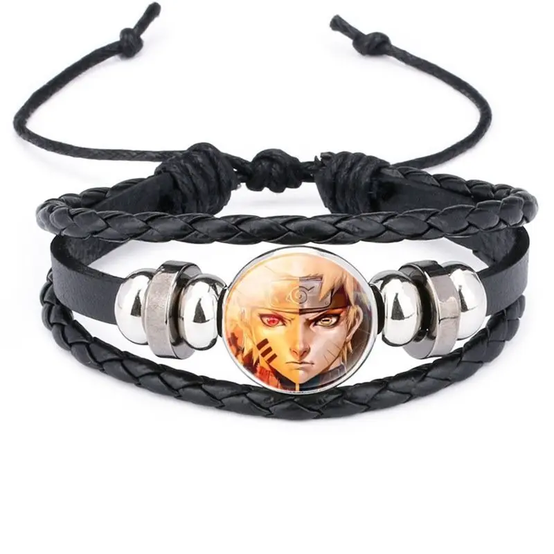 Anime Na.ru.to Double-Sided Black Leather Bracelet – Chibi Character Fashion Wristband for Men & Women