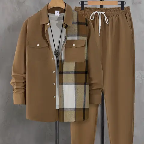 [Plus Size] Men's Checked Plaid Print Patchwork Button Front Shirt & Drawstring Waist Pants Set, Regular Fit Casual Long Sleeve Collared Top & Pocket Trousers, Men's Spring & Fall Clothes Outfits Set