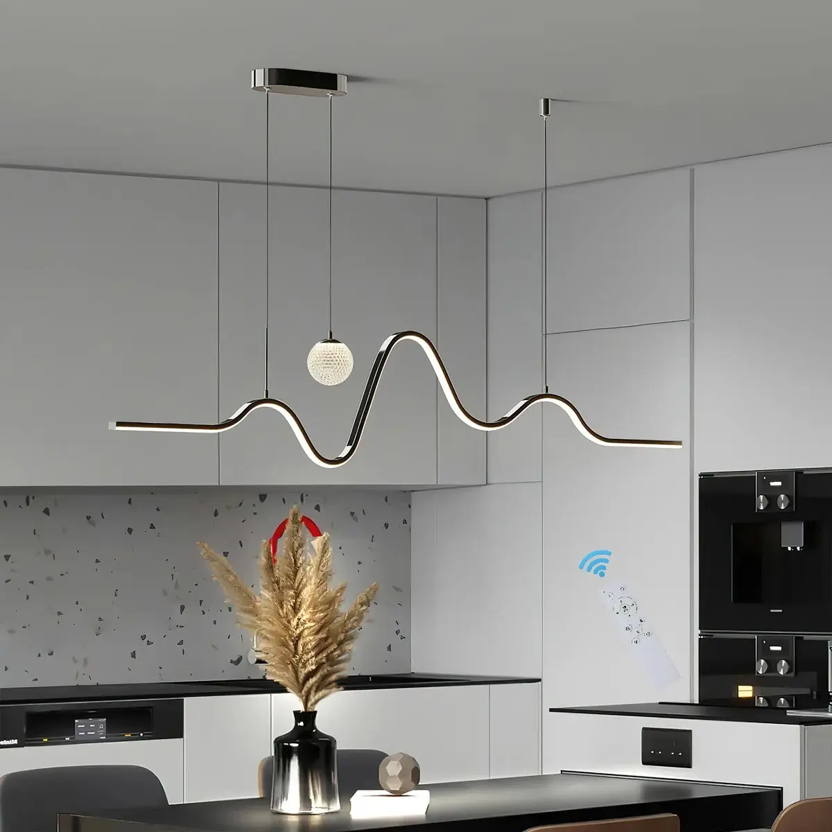 Garwarm 43 Inch Black LED Kitchen Island Pendant Light, 2 - Light Dining Room Chandelier, Dimmable Led Pendant Lights for Kitchen Island, Kitchen, Dining Room, Bedroom, Living Room