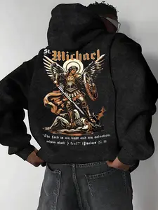 Men's Winter Fashion Hoodie with Saint Michael Angel Print, Trendy Street Style, Comfortable Fabric, Casual Wear
