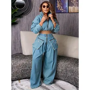 Womens Two Piece Sets Denim Outfit Ruched Long Sleeve Zip Up Cropped Jean Jacket Wide Leg Pants Chic Set