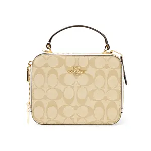 COACH Box Crossbody 18 Small Camera Bag in Monogram Canvas and Leather with Khaki and White Color for Women
