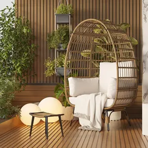 Oversized Rocking Egg Chair with Ottoman, 350lbs Heavy Duty Rattan Basket Chair for Indoor & Outdoor, Ultra-Soft Cushioned Rocker for Living Room, Patio and Balcony