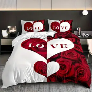 3pcs Bedding Set (1 Duvet Cover + 2 Pillowcases Without Pillow Inserts), Home Dormitory High-Definition Print Red And White Heart Rose Lettering, Bedding Set, Bedroom Decor, Home Decor, Floral Print, Romantic Design, Durable, Soft Decorative Bedding Set