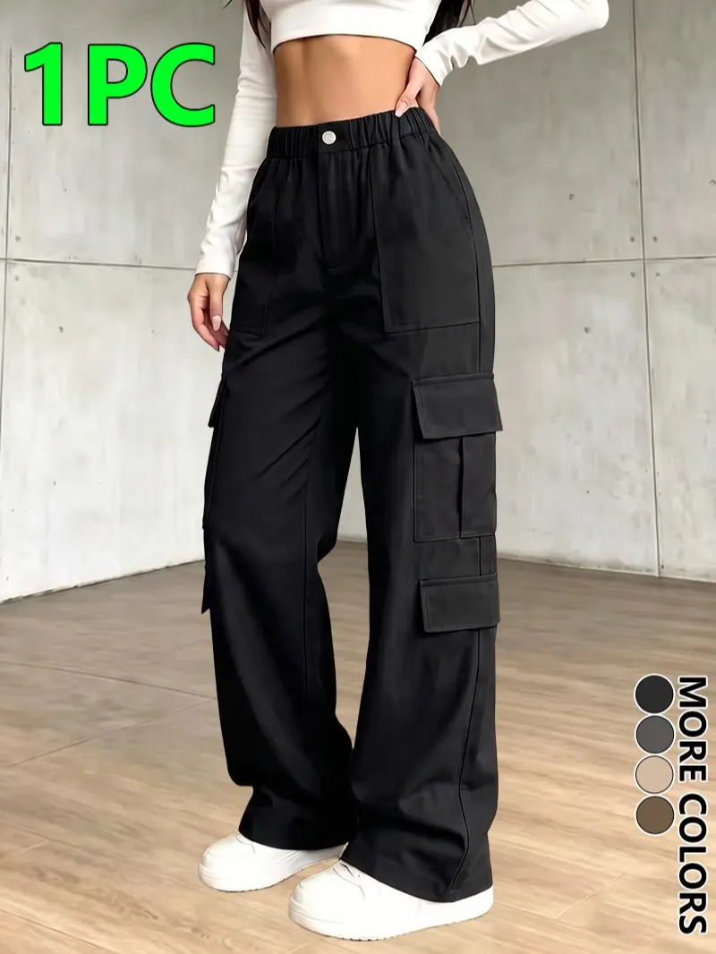 LIFE KEEPS MOVING Solid-color women’s high-waisted loose cargo pants with multiple pockets—street casual elastic-pocket cargo trousers; elegant party wear for commuting and outings; women’s long pants for spring/summer