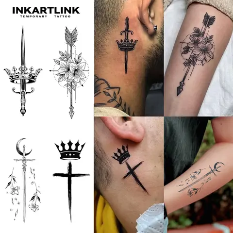 INKARTLINK Sword Series Medium Semi-Permanent Temporary Tattoos (2 Sheets, Crowned Swords Art Design) - Digital Print, Hyper Realistic Look, Long Lasting (1-2 Weeks), Waterproof, No Adhesive/Reflection, For Adults, All Skin Compatible