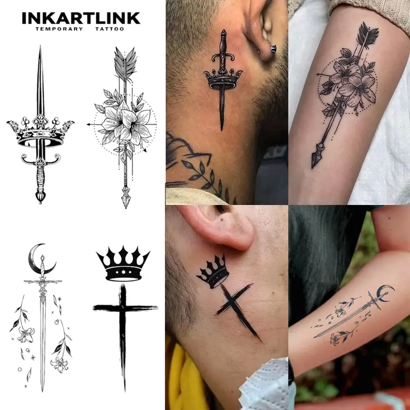 INKARTLINK Sword Series Medium Semi-Permanent Temporary Tattoos (2 Sheets, Crowned Swords Art Design) - Digital Print, Hyper Realistic Look, Long Lasting (1-2 Weeks), Waterproof, No Adhesive/Reflection, For Adults, All Skin Compatible