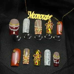 Moonovate - TEMPTING LACE 10pcs Handmade Press On Nails Square Nails REUSABLE 3D Gel Fake Nails Acrylic Press On Nails											