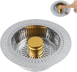 Push Button Kitchen Sink Drain Strainer, One-Click Press Seal Sink Stopper with Multi-Hole Anti-Clog Basket Filter, Stainless Steel Sink Drain Catcher for Food Scraps & Debris