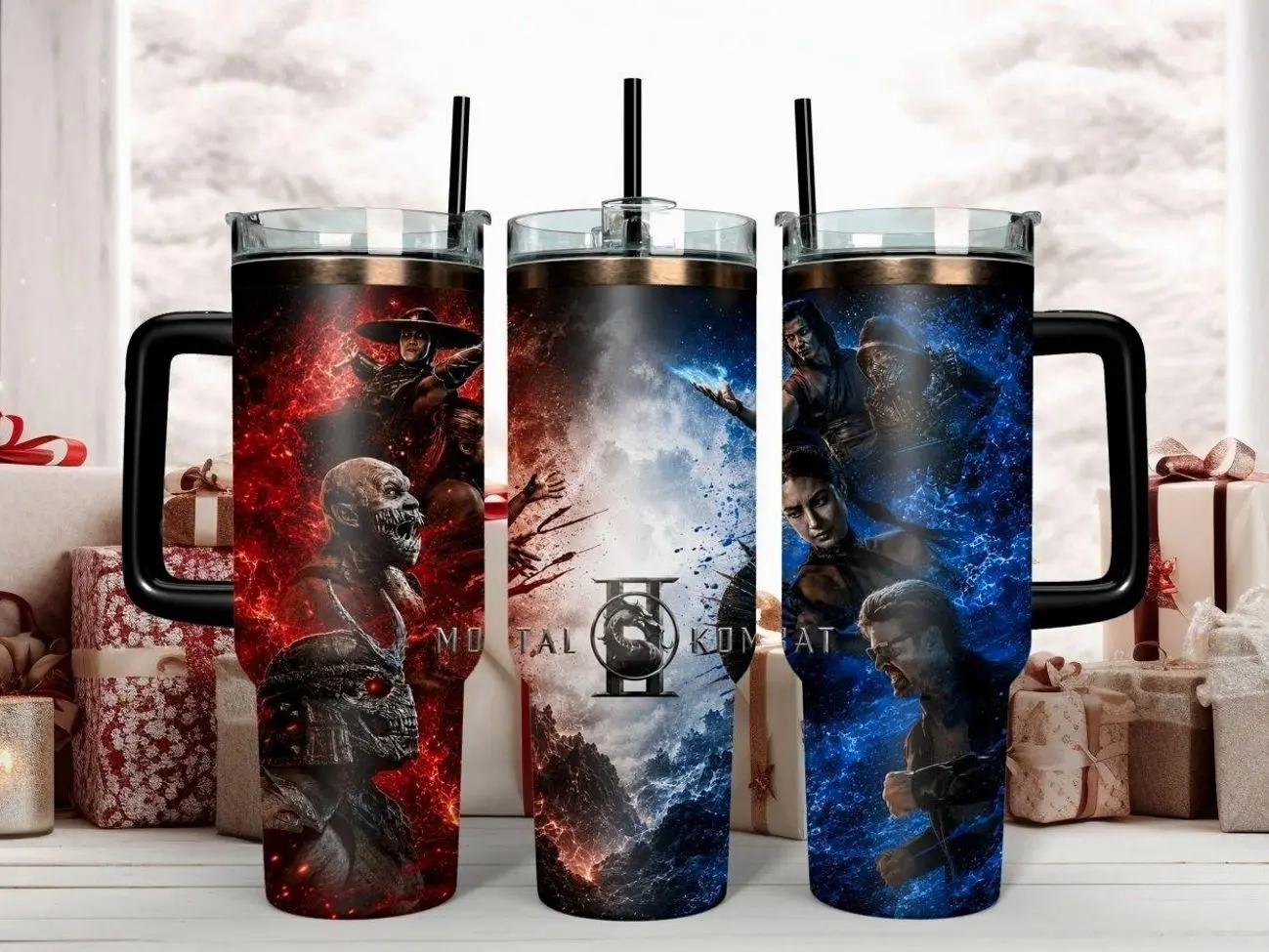 Mortal K0mbat II Cinematic Movie Art 40oz Insulated Tumbler - Epic Fire and Ice Scorpion vs Sub-Zero Character Design Stainless Steel Travel Mug with Handle & Straw - The Ultimate Fighting Gamer Gift