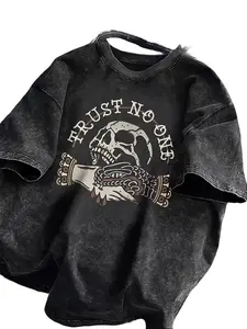 Men's Vintage Washed "Trust No One" Skull & Snake Oversized T-Shirt - 100% Cotton, Menswear Round Neck Shortsleeve Clothes, Retro Tattoo Graphic, Grunge Aesthetic Casual Streetwear Top