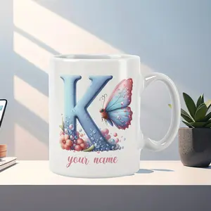 1pc 11oz Pretty Butterfly Letter Mug, Custom Made Coffee Mug With Exclusive Name, Unisex Flowers Alphabet & Number Water Cup, For Halloween, Birthday, Holiday, Perfect Novelty Gift For Office Use