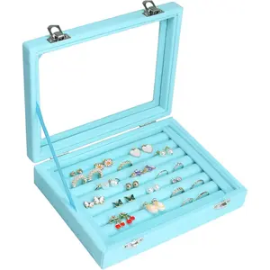 Rings Organizer Tray 7 Slots Velvet Jewelry Earring Storage Box with Transparent lid Jewelry Display Case for Girls Wife Mom Women (Light Blue)